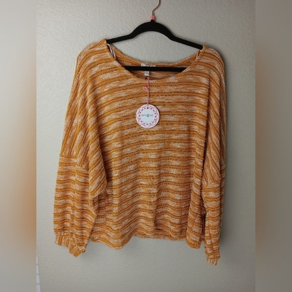 Umgee Mustard Yellow and White Stripped Oversized Crewneck Blouse - Picture 3 of 6